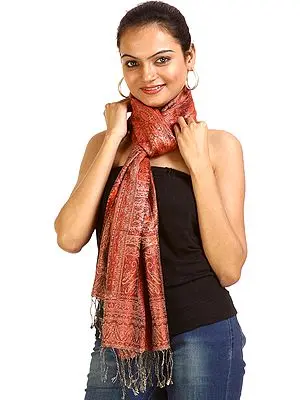 Ginger-Spice Red Jamawar Scarf with Woven Paisleys