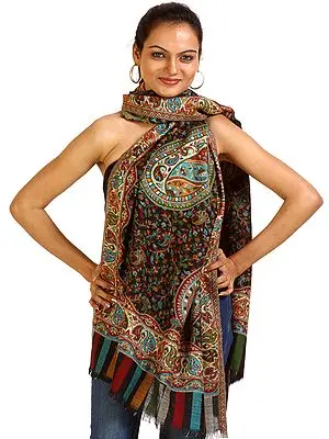 Black Floral Kani Stole with Woven Paisleys in Multi-Color Threads