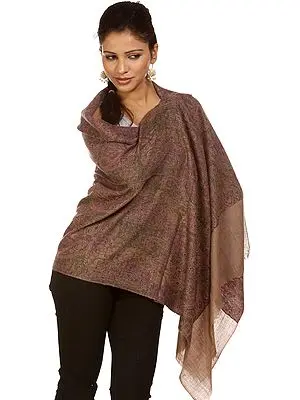 Khaki and Purple Pure Pashmia Stole with Woven Paisleys