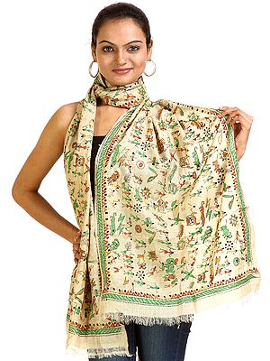 Beige Stole from Bangal with Kantha Embroidered Warli Motifs