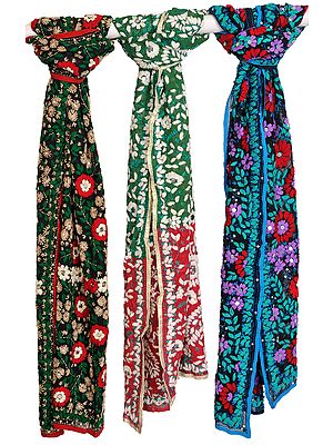 Lot of Three Phulkari Scarves from Punjab with Threadwork and Sequins