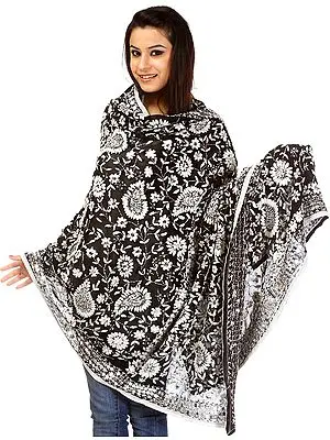 Black Phulkari Punjabi Duppata with Hand-Embroidered Flowers