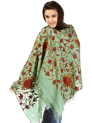 Wasabi-Green Kashmiri Stole with All-Over Aari Embroidery by Hand