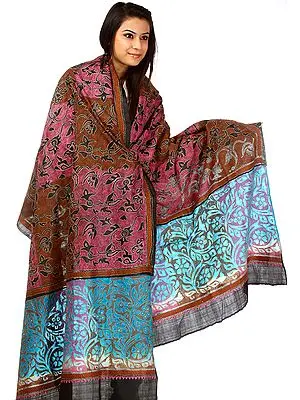 Tri-Color Shawl from Bengal with Kantha Embroidered Flowers by Hand