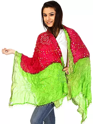 Jasmine-Green and Very-Berry Bandhani Tie-Dye Stole from Gujarat