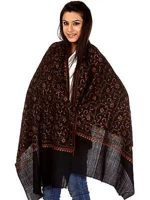 Black Tusha Stole from Kashmir with All-Over Needle Stitch Embroidery by Hand