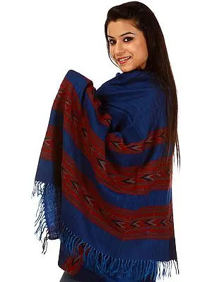 Classic-Blue Shawl from Kullu with Tri-Color Kinnauri Woven Border