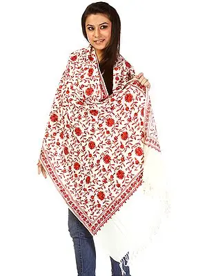 Ivory Phulkari Stole with All-Over Aari Embroidery and Crystals