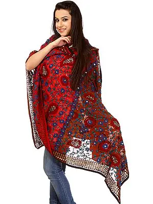 Ketchup-Red Phulkari Dupatta from Punjab with All-Over Embroidered Flowers and Sequins