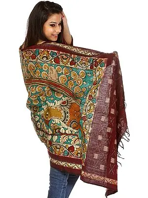 Kalamkari Hand-Painted Shawl with Stylized Peacock