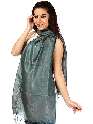 Dark-Green Scarf from Banaras with Tanchoi Weave