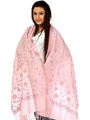Powder-Pink Stole with All-Over Aari Embroidery and Sequins