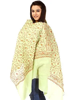 Pastel-Green Tusha Stole with All-Over Needle Stitch Embroidery by Hand