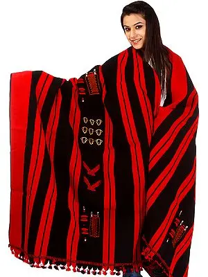 Black and Red Hand-Woven Shawl from Nagaland