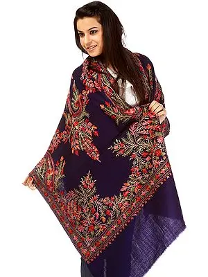 Navy-Blue Kashmiri Stole with Floral Embroidery