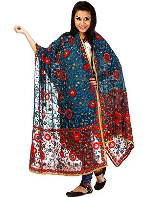 Princess-Blue and Maroon Phulkari Shawl with Hand-Embroidered Flowers and Sequins