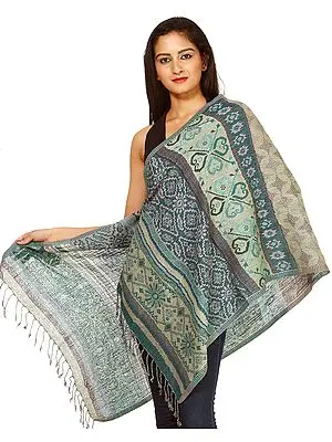Gray and Green Reversible Jamawar Stole with All-Over Weave