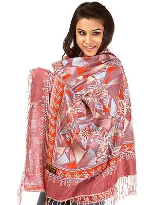 Tri-Color Jamawar Stole with Woven Triangles and Flowers