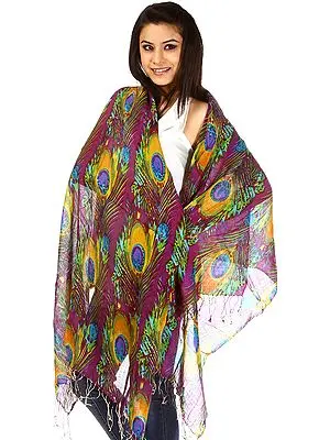 Purple Stole with Printed Peacock Feathers