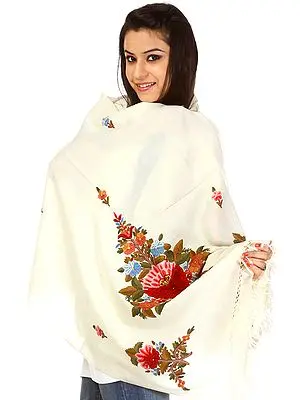 Ivory Kashmiri Stole with Flowers Embroidered by Hand