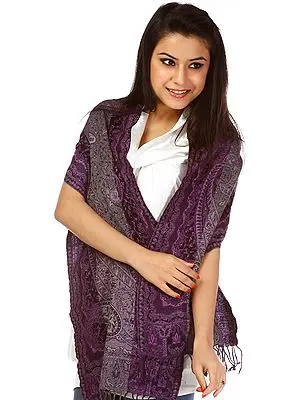 Purple Jamawar Scarf with Woven Paisleys