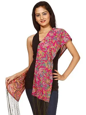 Pink and Red Reversible Scarf Printed with Paisleys and Flowers