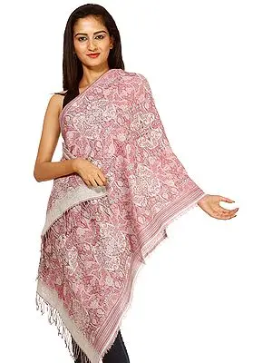Pink and Gray Double-Sided Jamawar Stole with Woven Paisleys and Flowers
