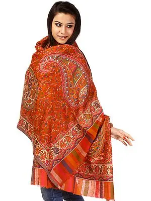 Apricot-Orange Kani Stole with Woven Paiselys in Multi-Color Thread