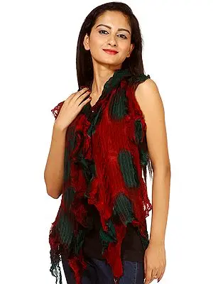 Red and Teal-Green Crushed Batik Dyed Scarf