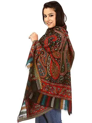 Black Kani Stole with Woven Paisleys and Flowers in Multi-Color Thread