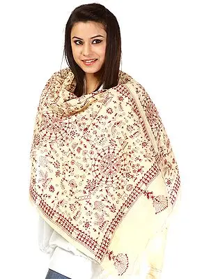 Chamomile Kantha Stole with Hand-Embroidered Warli Motifs