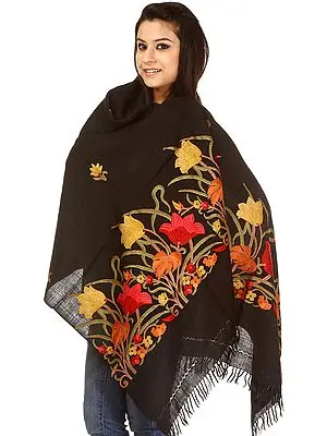 Black Kashmiri Stole with Flowers Embroidered by Hand