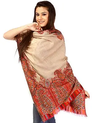 Beige Kani Stole with Woven Paiselys on Edges