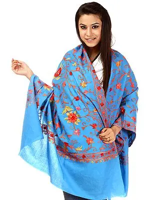 Bonnie-Blue Kashmiri Shawl with Aari Embroidered Flowers