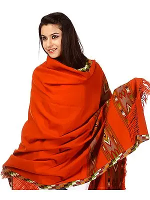 Jaffa-Orange Kullu Shawl with Kinnauri Woven Border