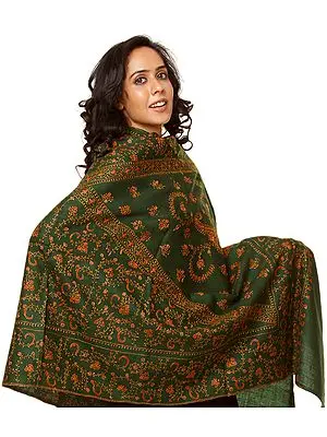 Dark-Green Tusha Shawl with Intricate Kashmiri Sozni Embroidery by Hand All-Over