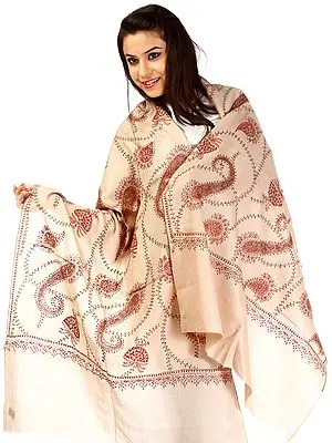 Beige Tusha Stole with Needle Stitch Embroidered Paisleys by Hand