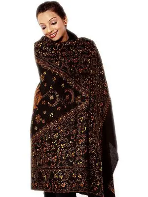 Black Kashmiri  Tusha Shawl with All-Over Sozni Embroidery By Hand