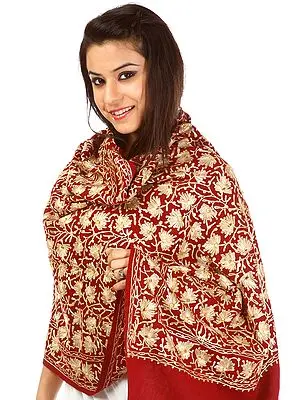 Jester-Red Aari-Embroidered Stole with Bead Work and Sequins