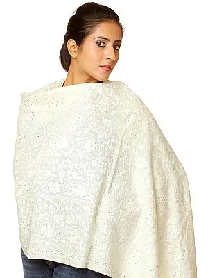 Ivory Stole with All-Over Aari Embroidery in Self Colour Thread and Crystals