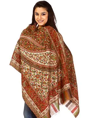 Elmwood-Beige Kani Stole with Woven Paiselys in Multi-Color Thread