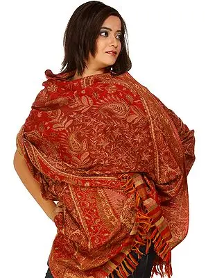 Red and Beige Jamawar Shawl with Woven Paisleys