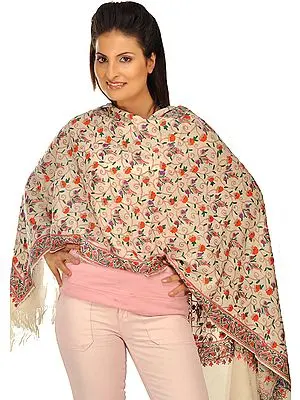 Ivory Kashmiri stole with Hand Embroidered Flowers All-Over