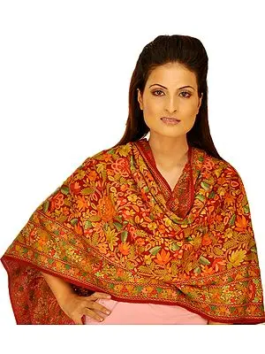 Ribbon-Red Phulkari Stole with Aari Embroidered Flowers All-Over