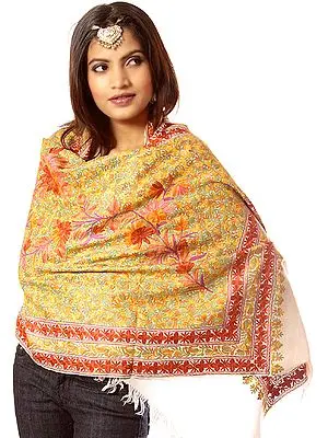 Ivory Kashmiri Aari Embroidered Floral Stole