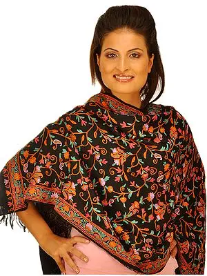 Black Phulkari Stole from Kashmir with Aari Embroidered Flowers by Hand