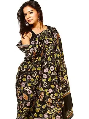 Phantom-Black Kantha Shawl with Hand-Embroidered Flowers and Birds All-Over