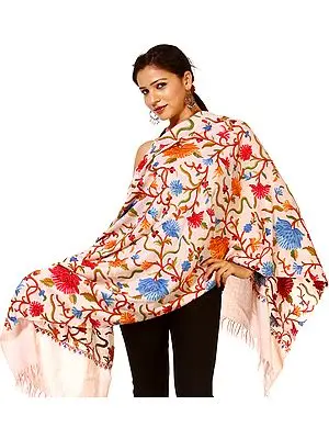 Peach Kashmiri Stole with Floral Aari-Embroidery by Hand