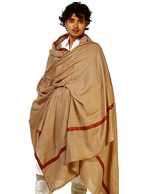 Plain Khaki Men's Shawl with Sozni Embroidery on Border