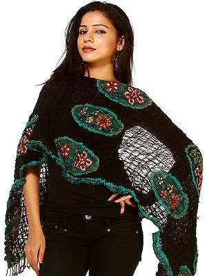 Black Stretch Scarf with Aari-Embroidered Flowers